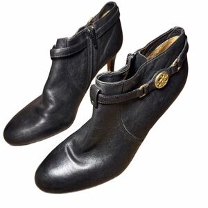 Coach Salene Cow Safari Black Leather Zip Up
Ankle Booties Size 10 Almond Toe
